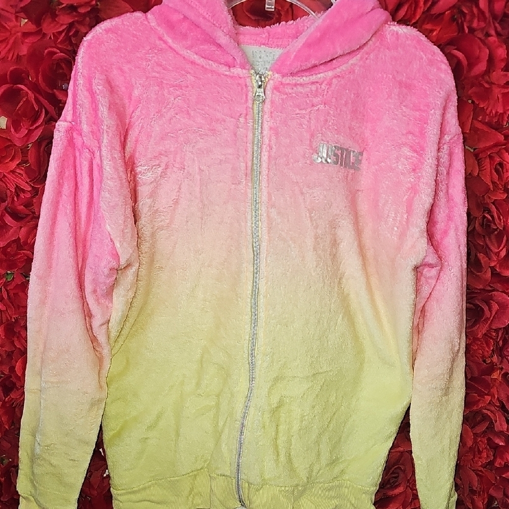 Justice Girls Pink and Yellow Cozy Hoodie Fleece Sweatshirt Size 12/14